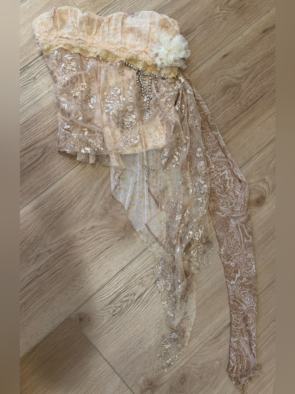 Gorgeous Sheer Gold-Beige Embroidered Lace Overlay bustier top